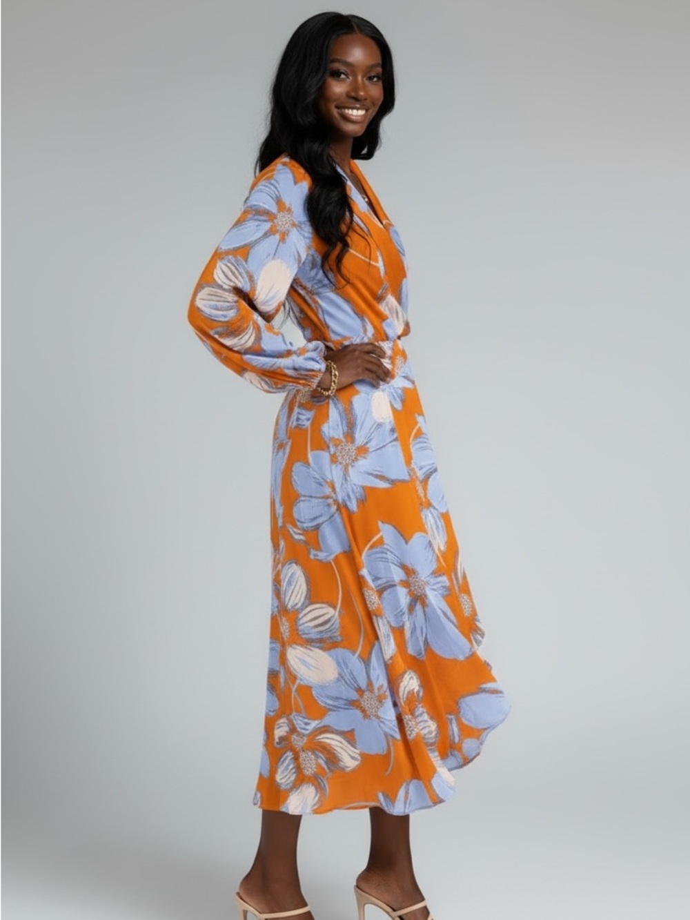 Floral Wrap Maxi Dress in Orange and Light Blue - Picture 2 of 3